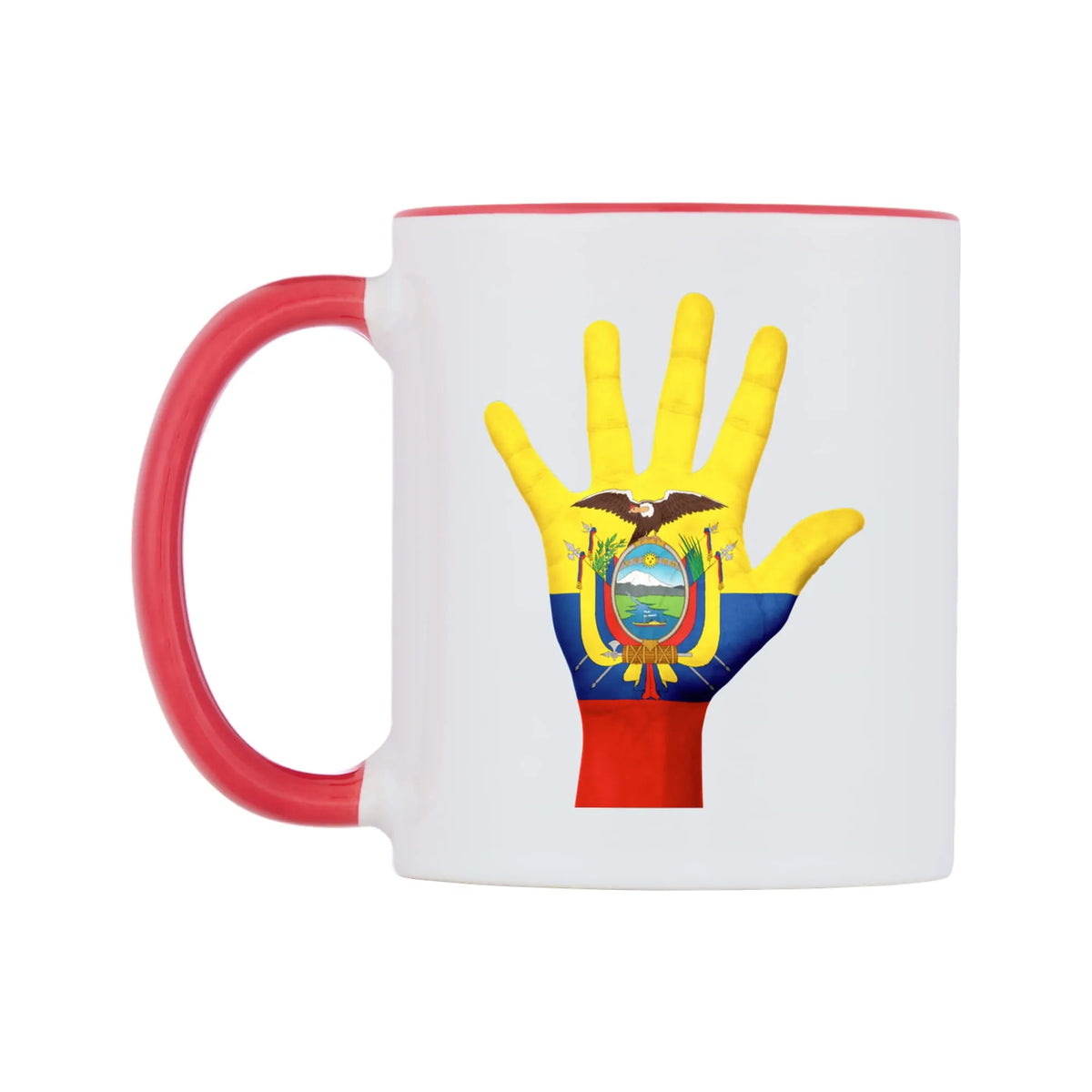 Ecuador Hand Flag Mug — white 11oz gloss mug with a red inside and handle, right side, on a white background