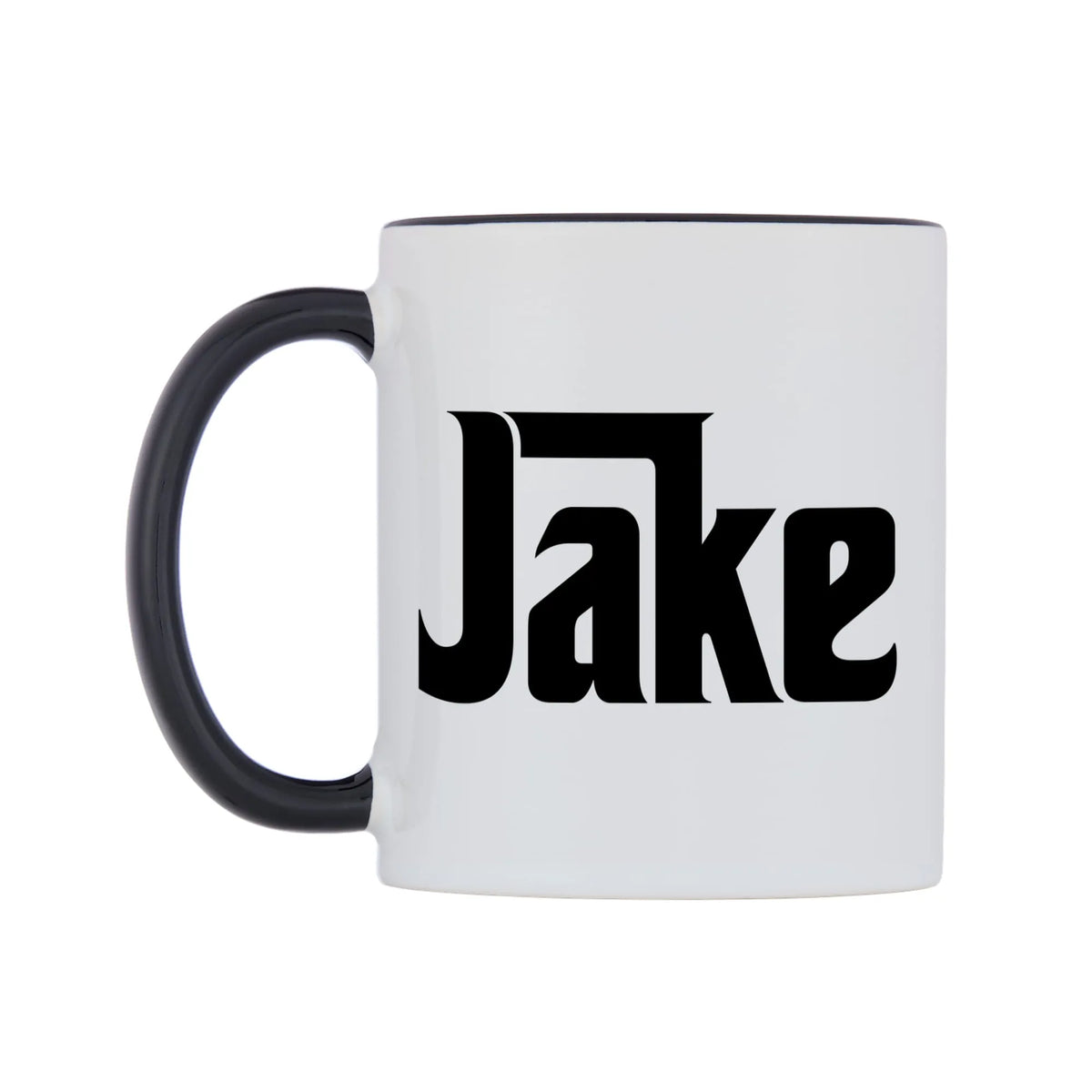 Jake - Godfather Themed Mug — white 11oz gloss mug with a black inside and handle, right side, on a white background