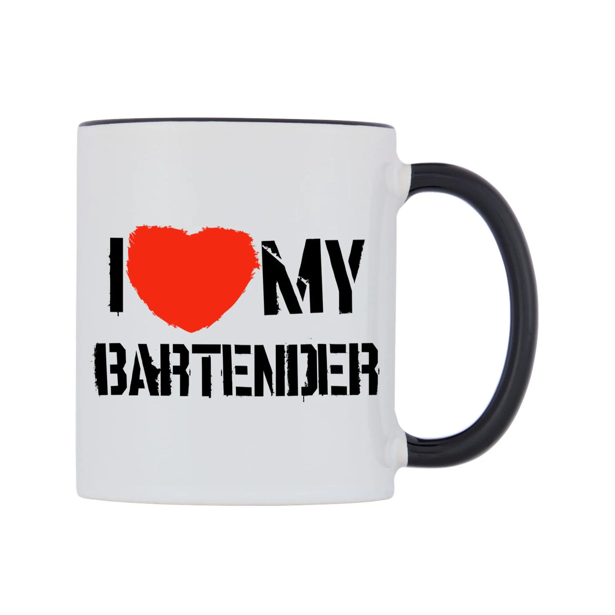 I Love My Bartender Mug — white 11oz gloss mug with a black inside and handle, left side, on a white background