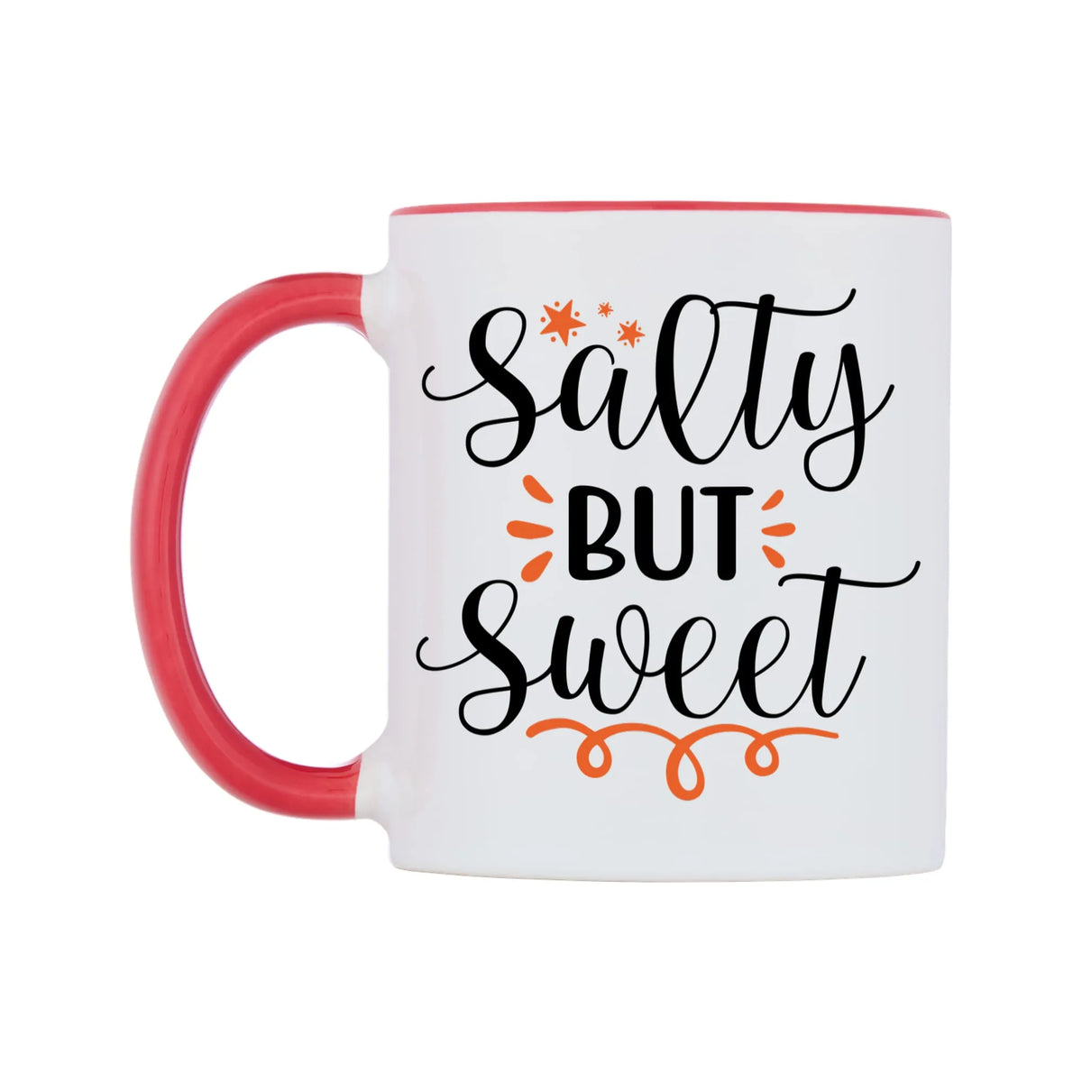 Salty but sweet Mug — white 11oz gloss mug with a red inside and handle, right side, on a white background
