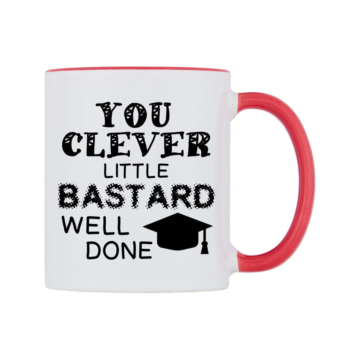 You clever little bastard Well Done Mug — white 11oz gloss mug with a red inside and handle, left side, on a white background