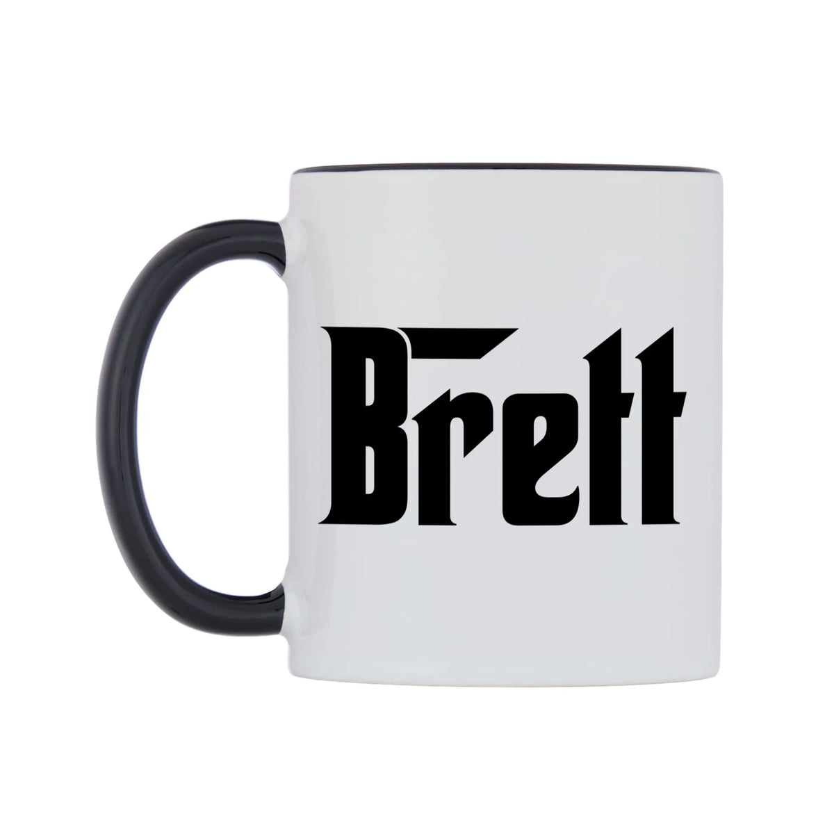 Brett - Godfather Themed Mug — white 11oz gloss mug with a black inside and handle, right side, on a white background