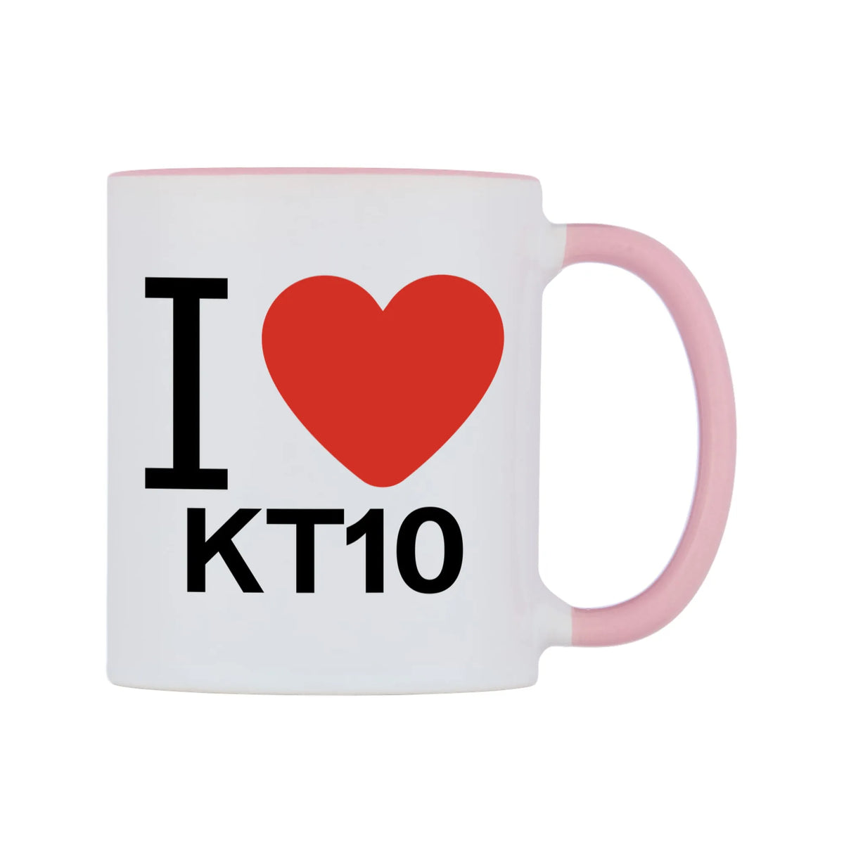 I Love KT10 Mug — white 11oz gloss mug with a pink inside and handle, left side, on a white background