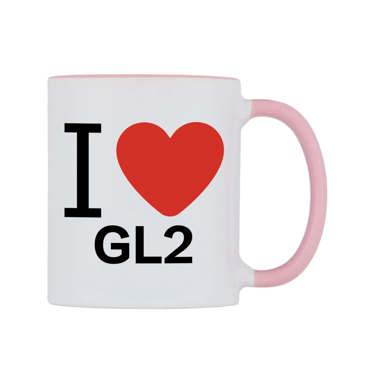 I Love GL2 Mug — white 11oz gloss mug with a pink inside and handle, left side, on a white background