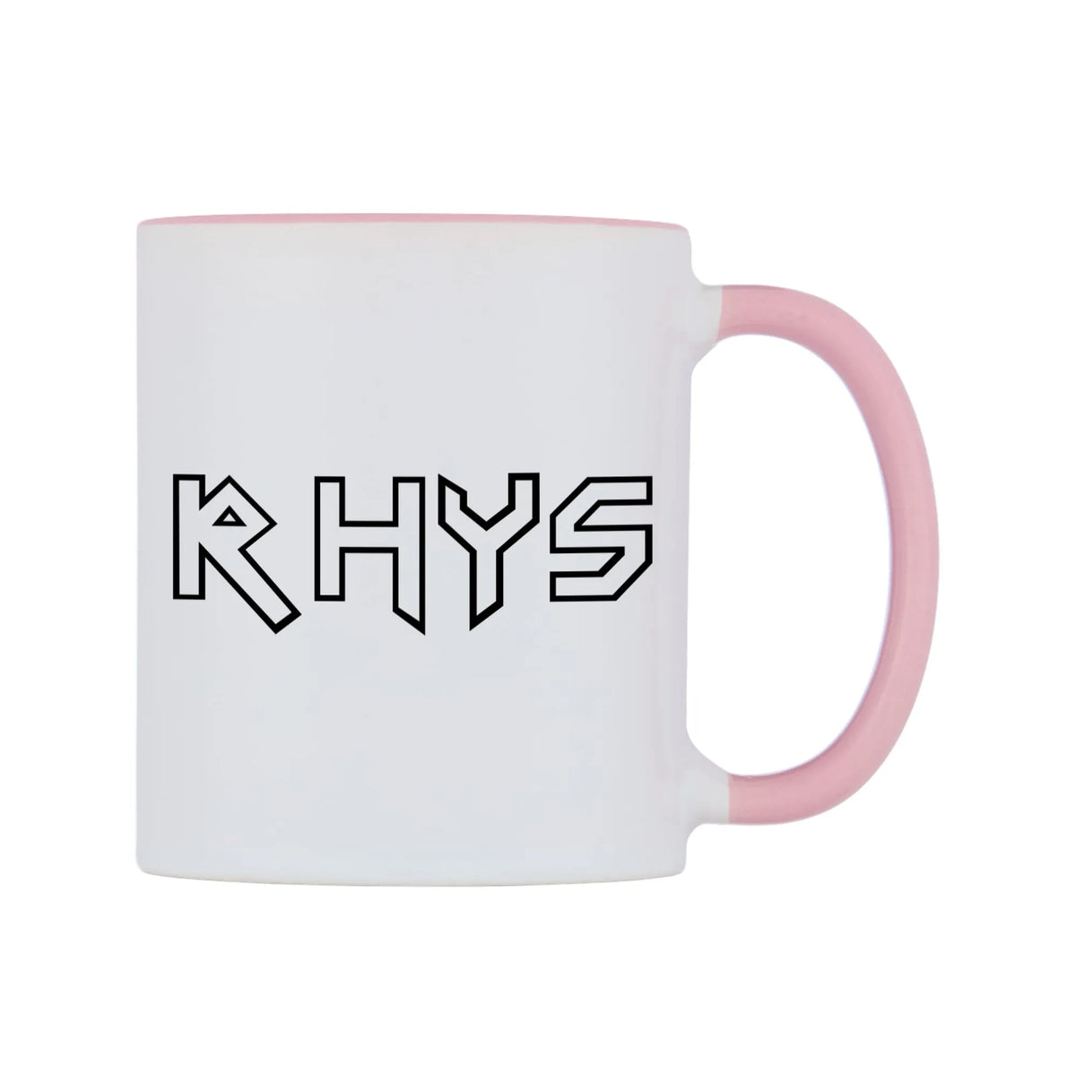 Rhys - Iron Maiden Themed Mug — white 11oz gloss mug with a pink inside and handle, left side, on a white background