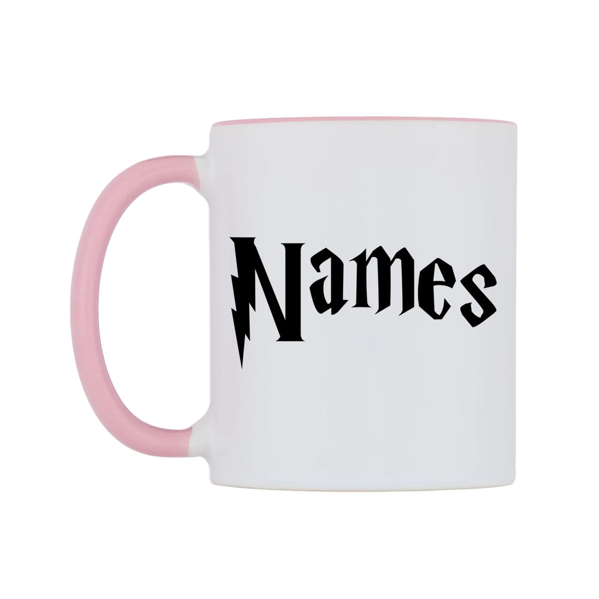 Personlised Wizard Themed Font Name Mug — white 11oz gloss mug with a pink inside and handle, right side, on a white background