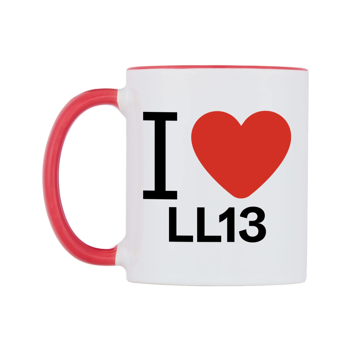 I Love LL13 Mug — white 11oz gloss mug with a red inside and handle, right side, on a white background