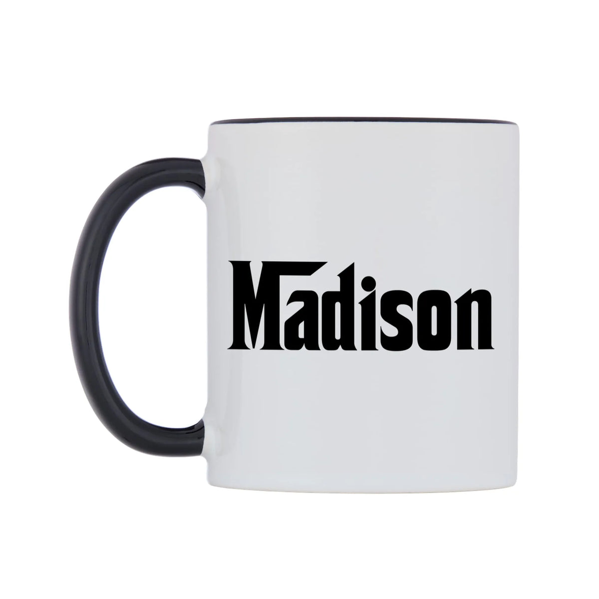 Madison - Godfather Themed Mug — white 11oz gloss mug with a black inside and handle, right side, on a white background