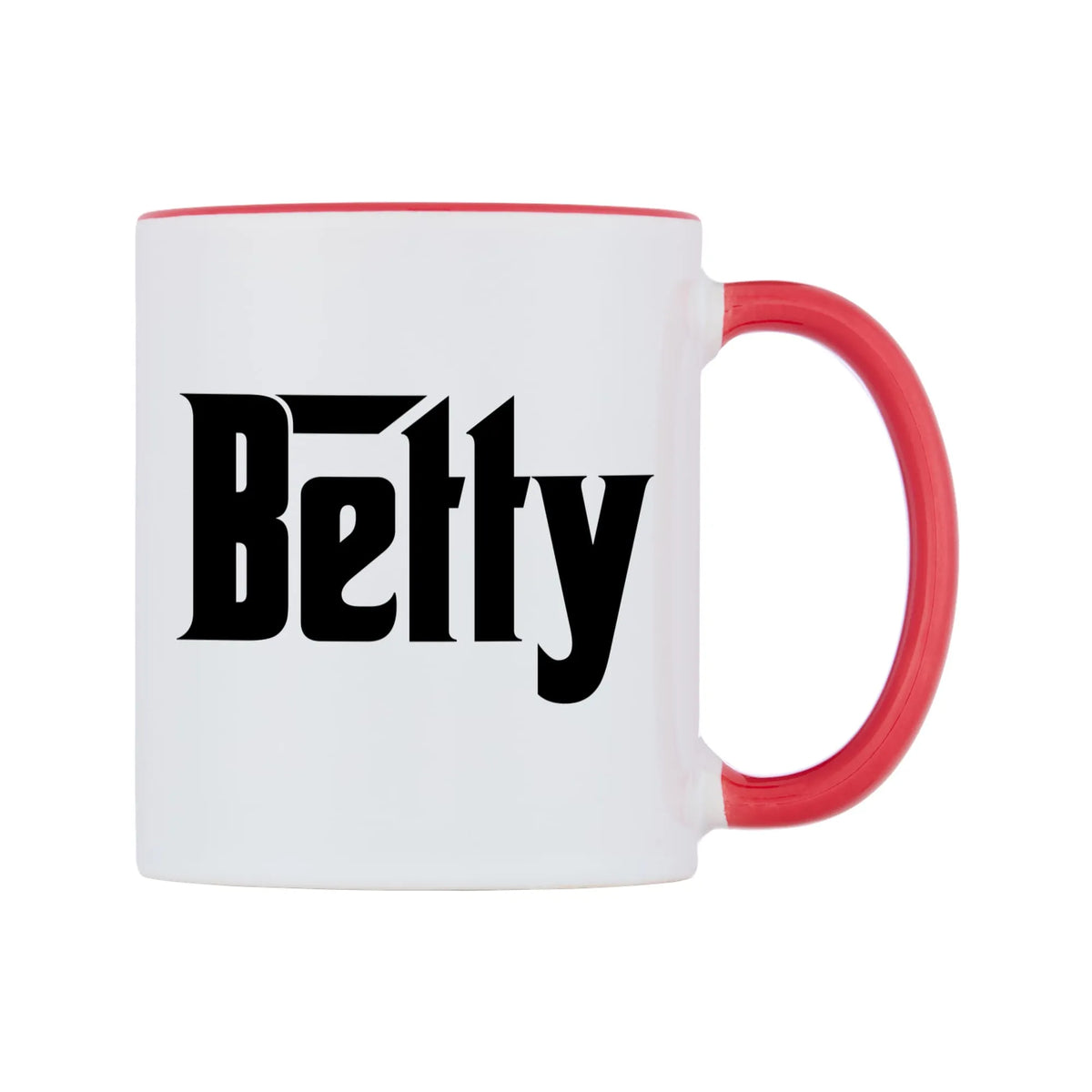 Betty - Godfather Themed Mug — white 11oz gloss mug with a red inside and handle, left side, on a white background