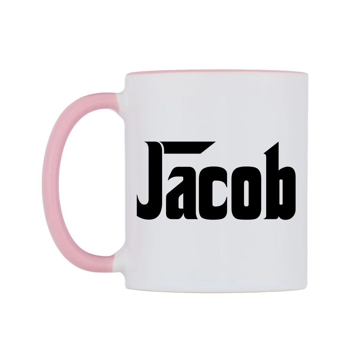 Jacob - Godfather Themed Mug — white 11oz gloss mug with a pink inside and handle, right side, on a white background