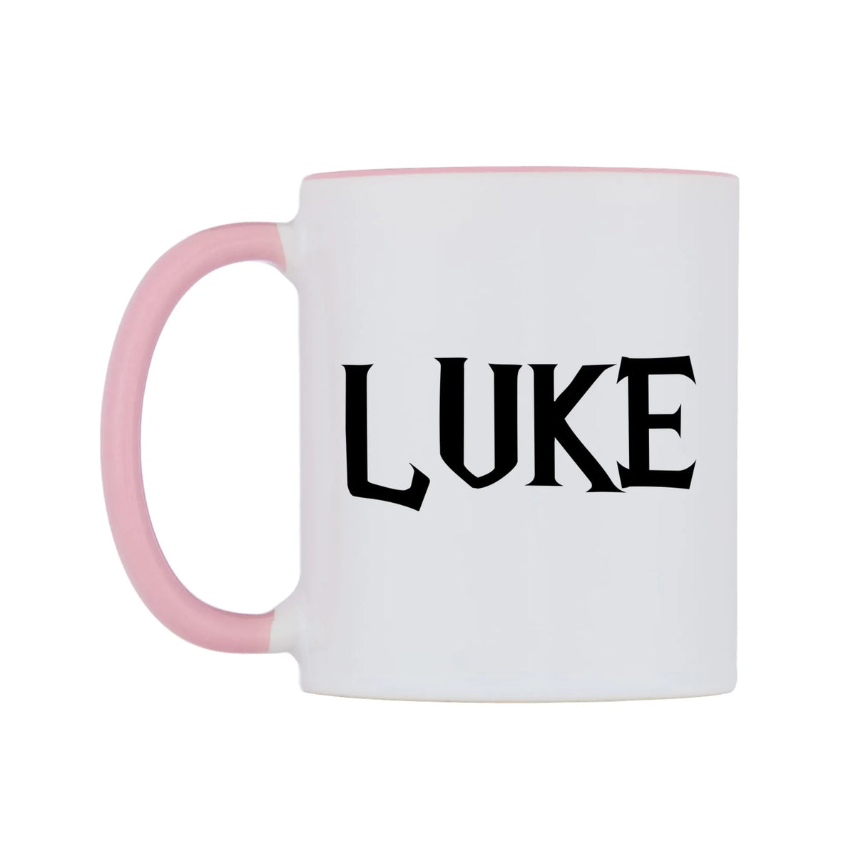 Luke - Wizard Themed Mug — white 11oz gloss mug with a pink inside and handle, right side, on a white background
