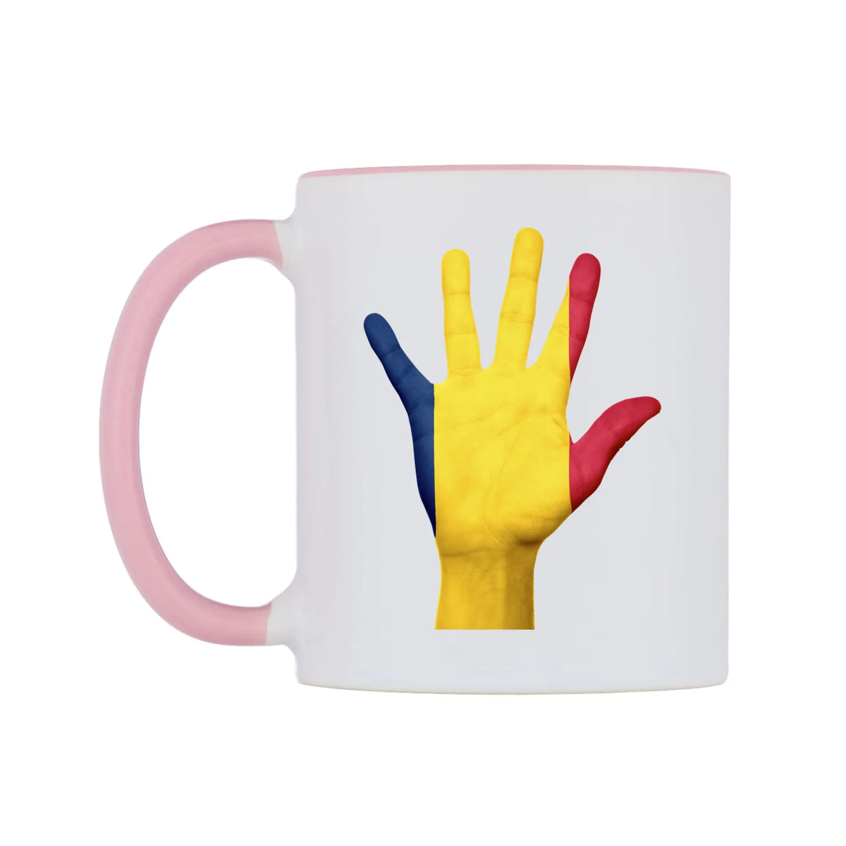 Chad Hand Flag Mug — white 11oz gloss mug with a pink inside and handle, right side, on a white background
