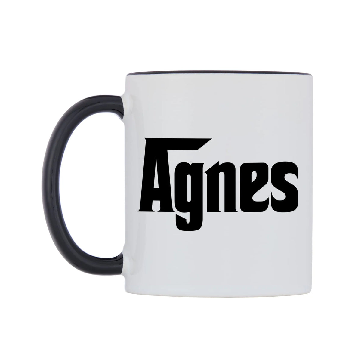 Agnes - Godfather Themed Mug — white 11oz gloss mug with a black inside and handle, right side, on a white background
