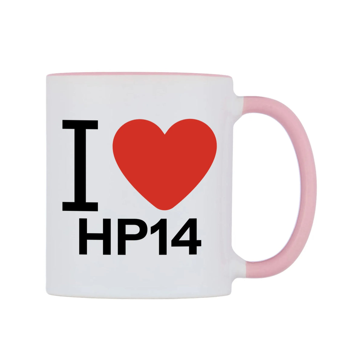 I Love HP14 Mug — white 11oz gloss mug with a pink inside and handle, left side, on a white background