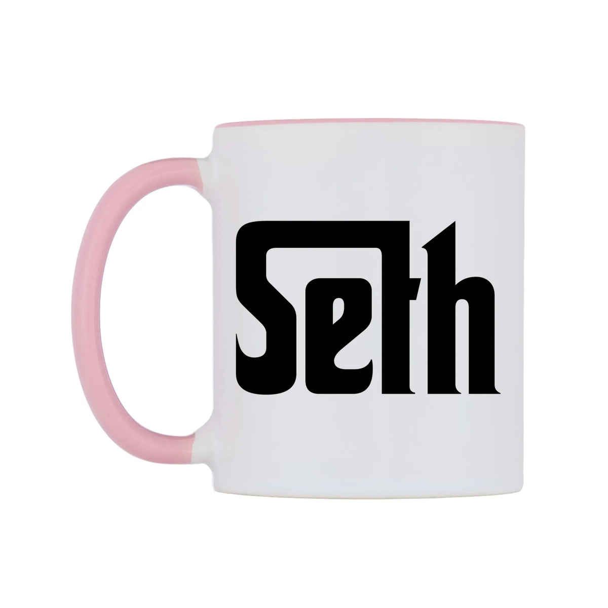 Seth - Godfather Themed Mug — white 11oz gloss mug with a pink inside and handle, right side, on a white background