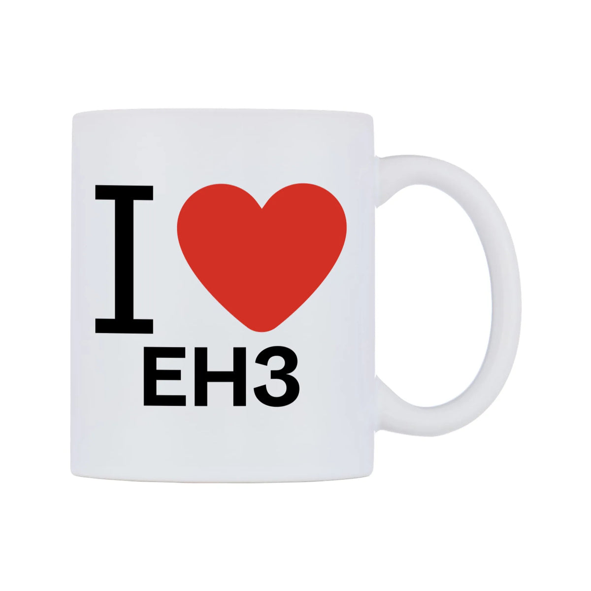 I Love EH3 Mug — white 11oz gloss mug, left side, on a white background