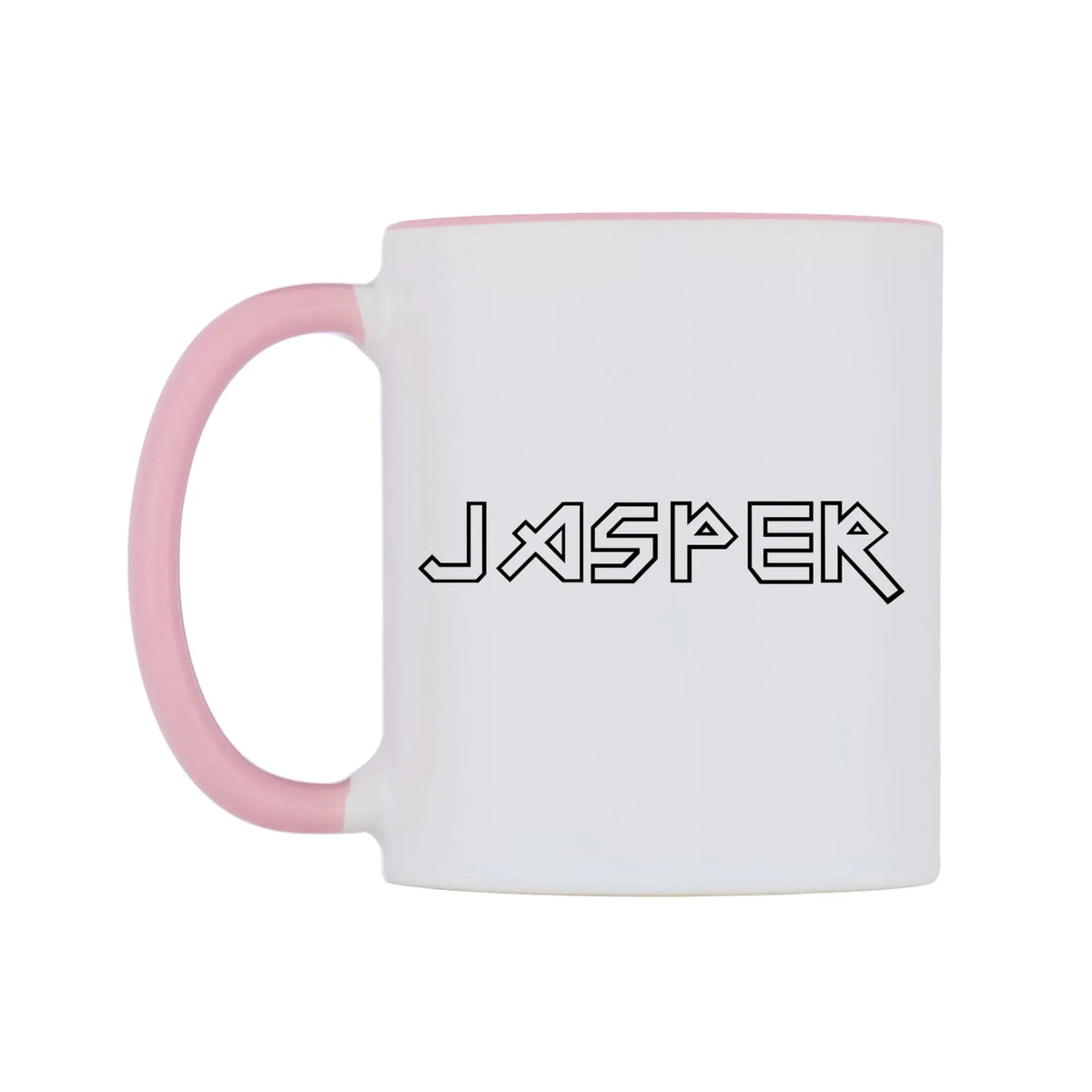 Jasper - Iron Maiden Themed Mug — white 11oz gloss mug with a pink inside and handle, right side, on a white background