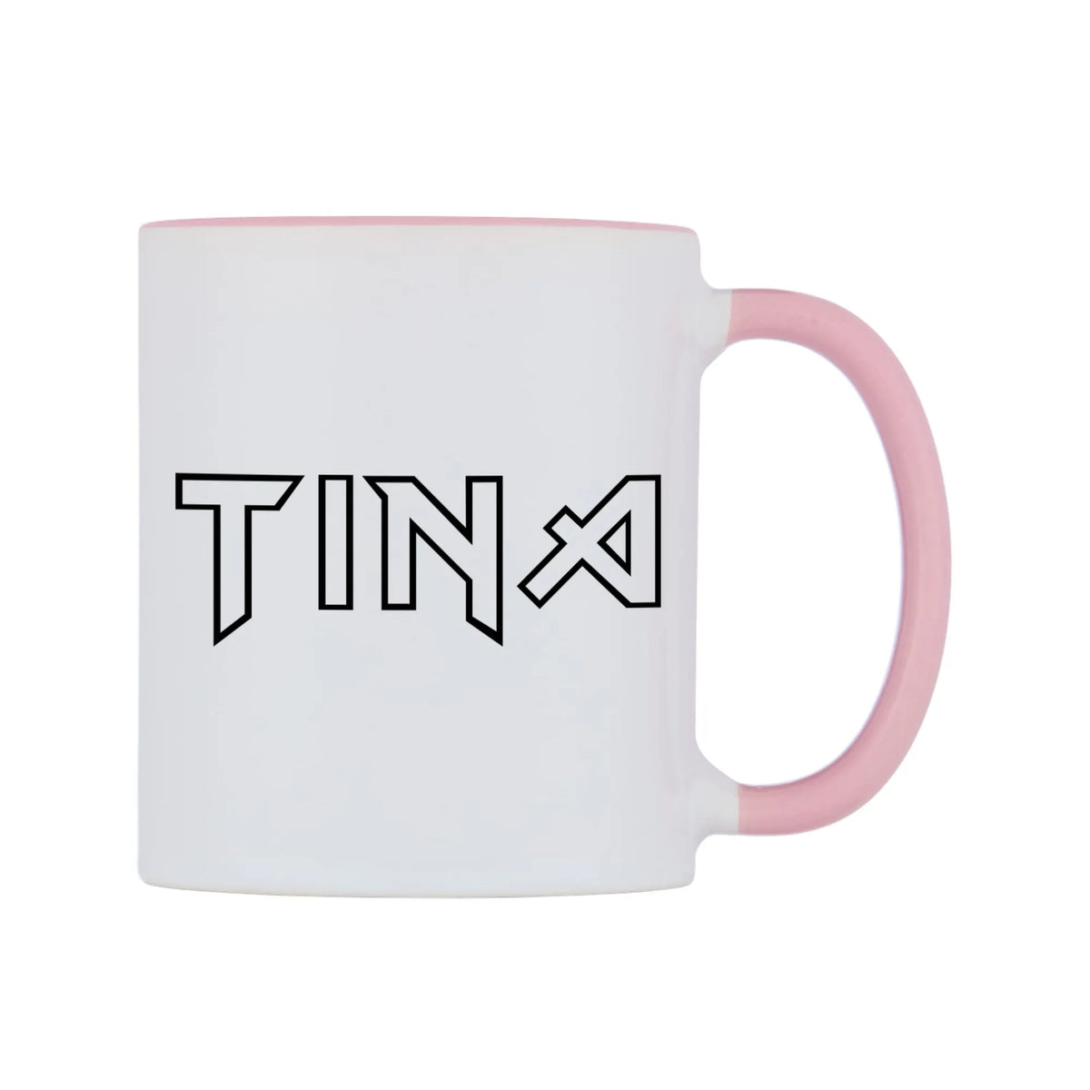 Tina - Iron Maiden Themed Mug — white 11oz gloss mug with a pink inside and handle, left side, on a white background