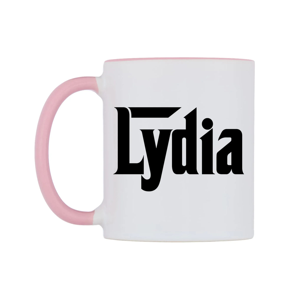 Lydia - Godfather Themed Mug — white 11oz gloss mug with a pink inside and handle, right side, on a white background