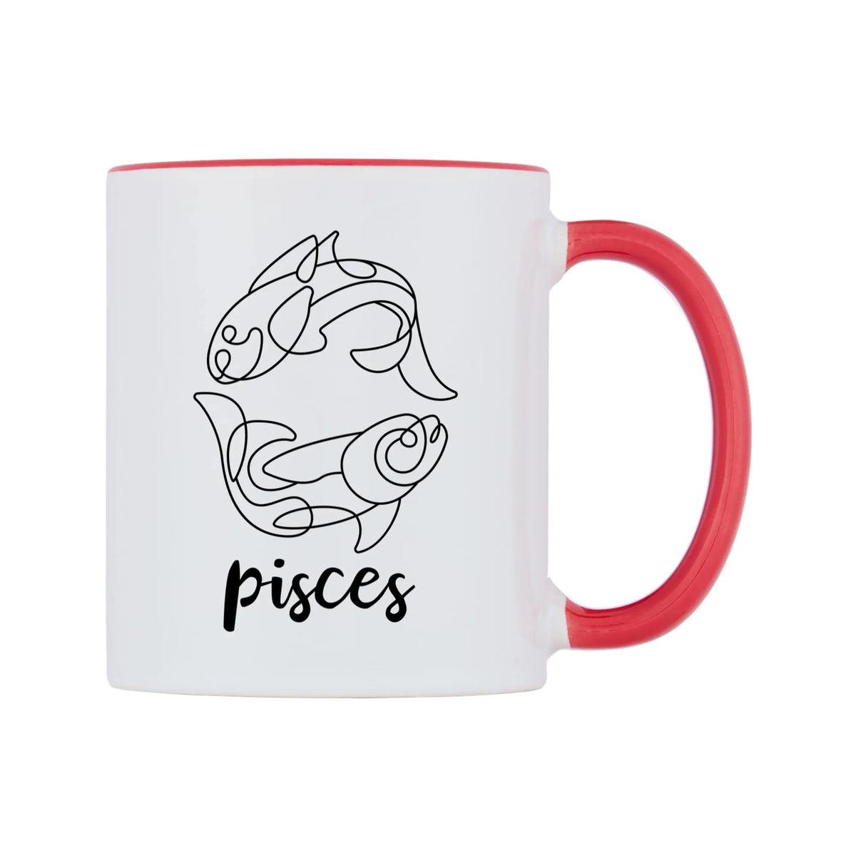 Zodiac Sign Pisces Mug — white 11oz gloss mug with a red inside and handle, left side, on a white background