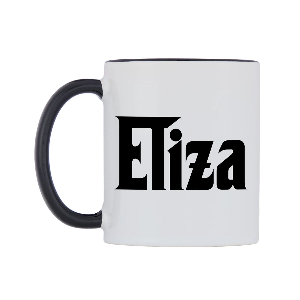 Eliza - Godfather Themed Mug — white 11oz gloss mug with a black inside and handle, right side, on a white background