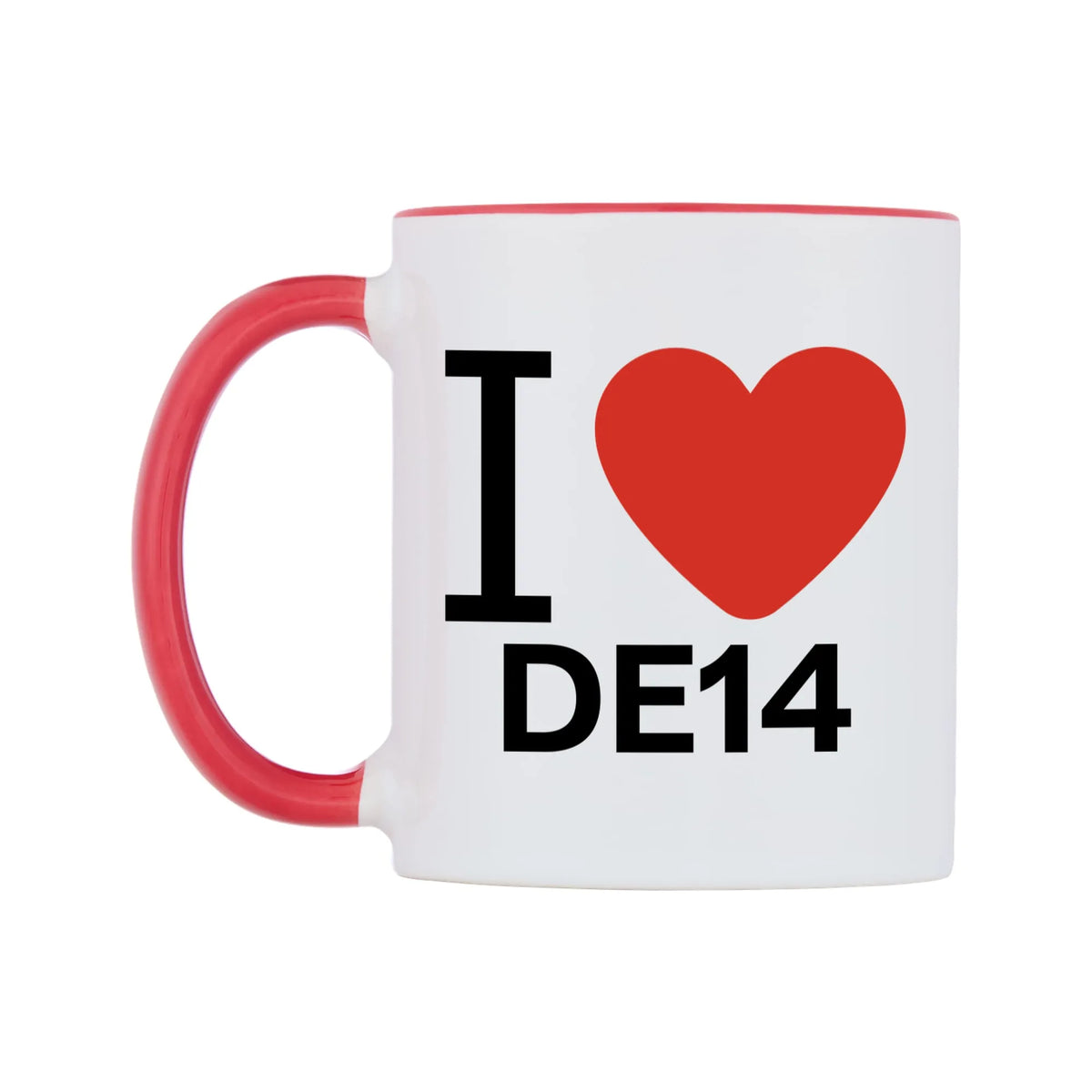 I Love DE14 Mug — white 11oz gloss mug with a red inside and handle, right side, on a white background