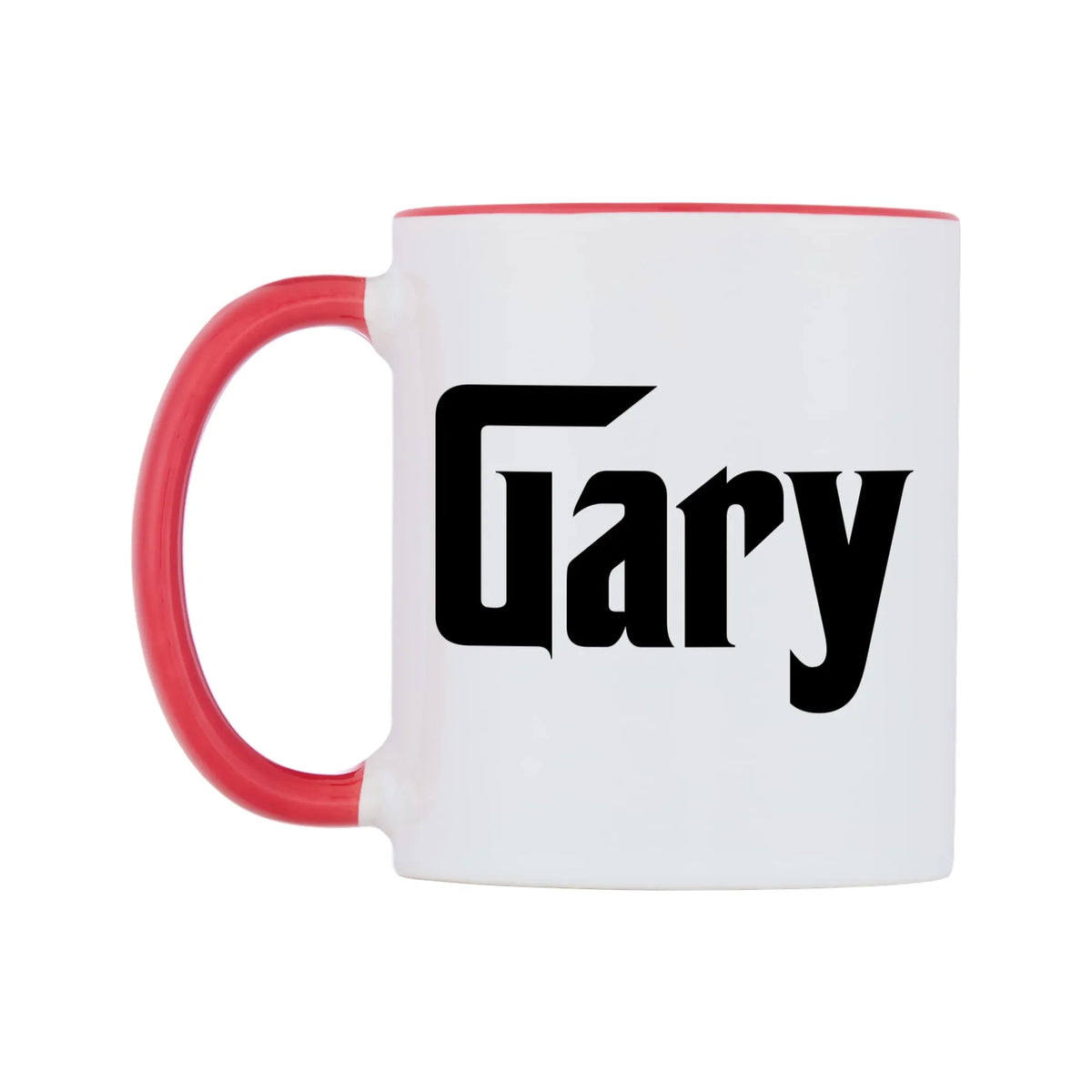 Gary - Godfather Themed Mug — white 11oz gloss mug with a red inside and handle, right side, on a white background
