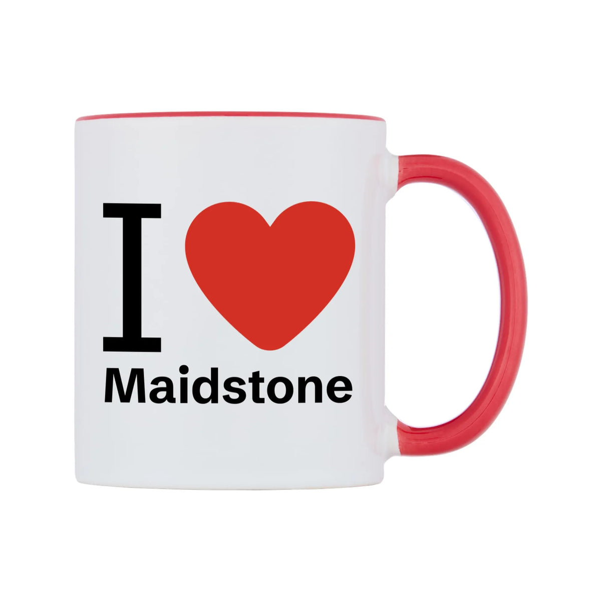 I Love Maidstone Mug — white 11oz gloss mug with a red inside and handle, left side, on a white background