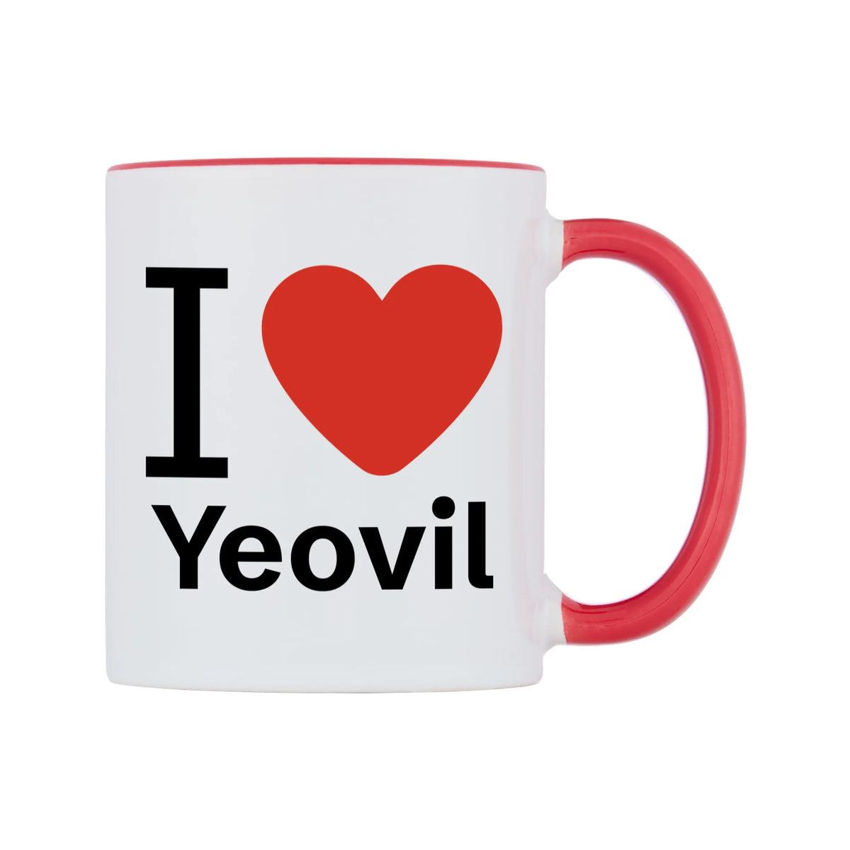 I Love Yeovil Mug — white 11oz gloss mug with a red inside and handle, left side, on a white background