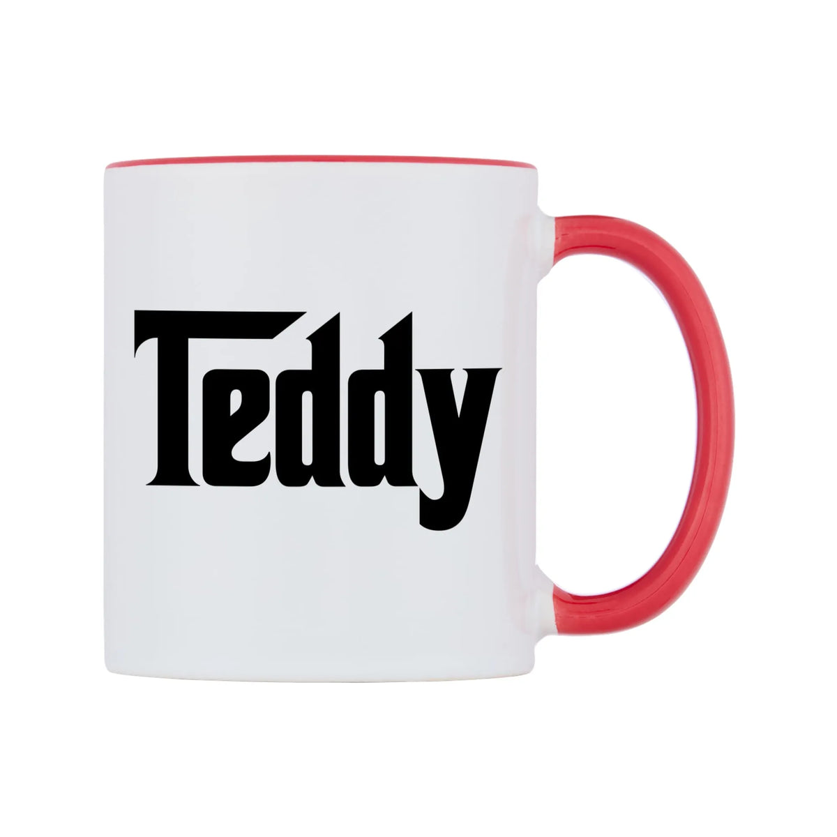 Teddy - Godfather Themed Mug — white 11oz gloss mug with a red inside and handle, left side, on a white background