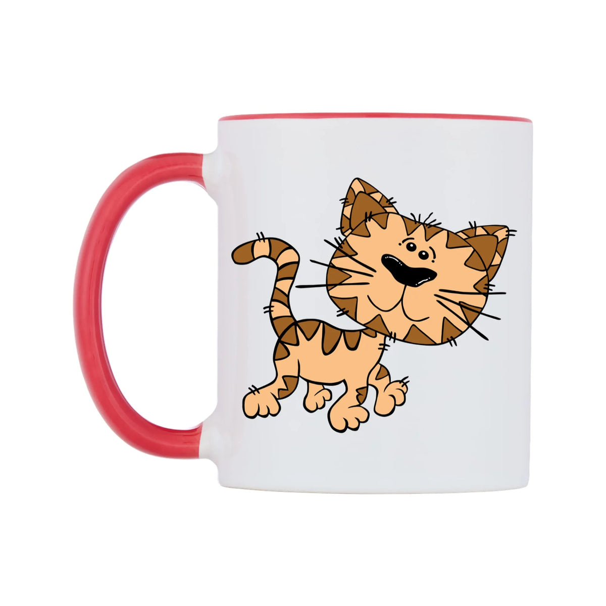 Cute Cat Mug — white 11oz gloss mug with a red inside and handle, right side, on a white background