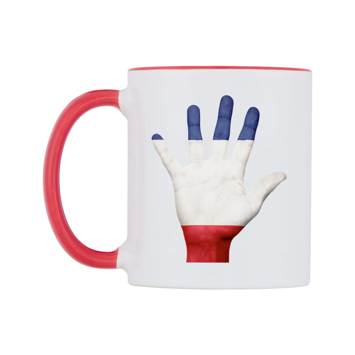 France Hand Flag Mug — white 11oz gloss mug with a red inside and handle, right side, on a white background