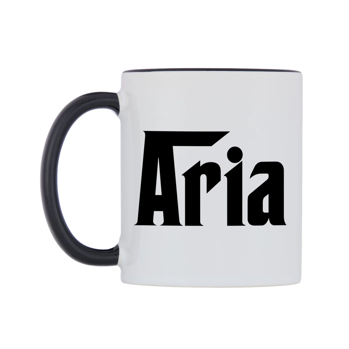 Aria - Godfather Themed Mug — white 11oz gloss mug with a black inside and handle, right side, on a white background