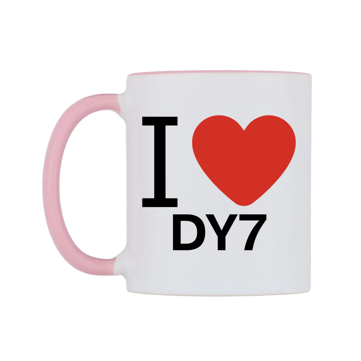 I Love DY7 Mug — white 11oz gloss mug with a pink inside and handle, right side, on a white background