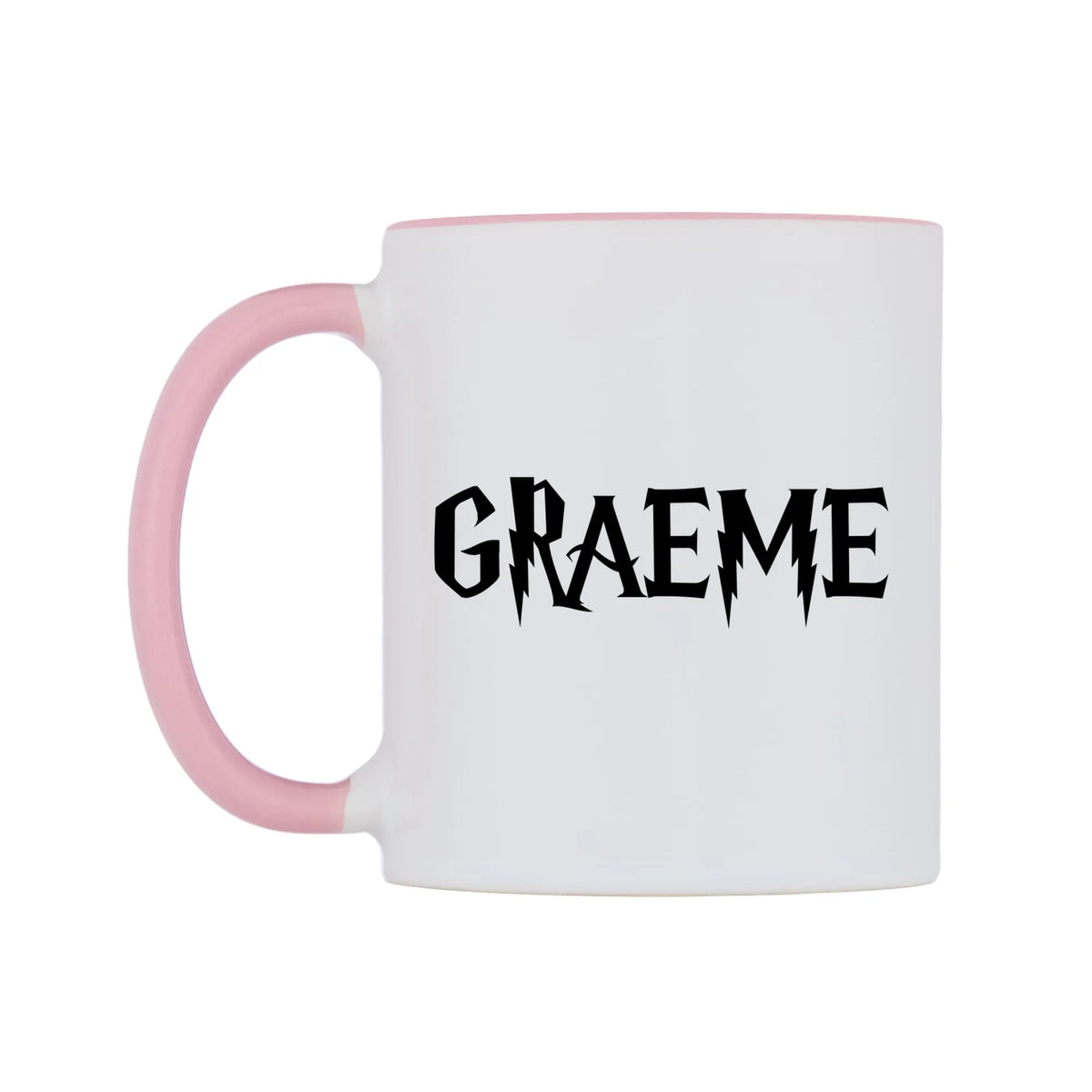 Graeme - Wizard Themed Mug — white 11oz gloss mug with a pink inside and handle, right side, on a white background