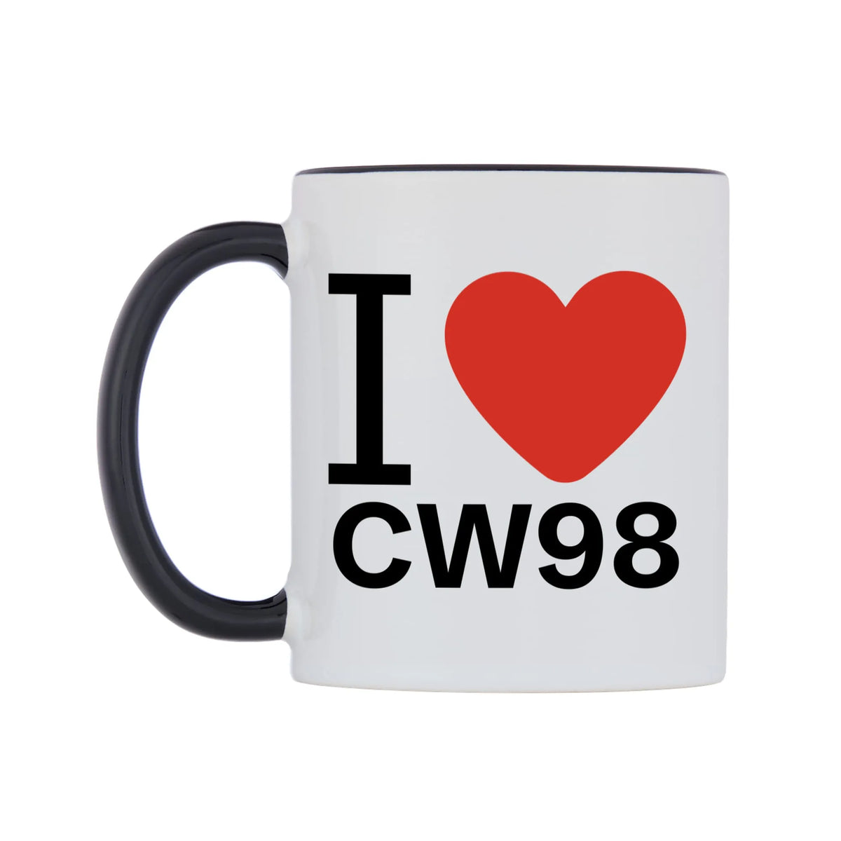 I Love CW98 Mug — white 11oz gloss mug with a black inside and handle, right side, on a white background