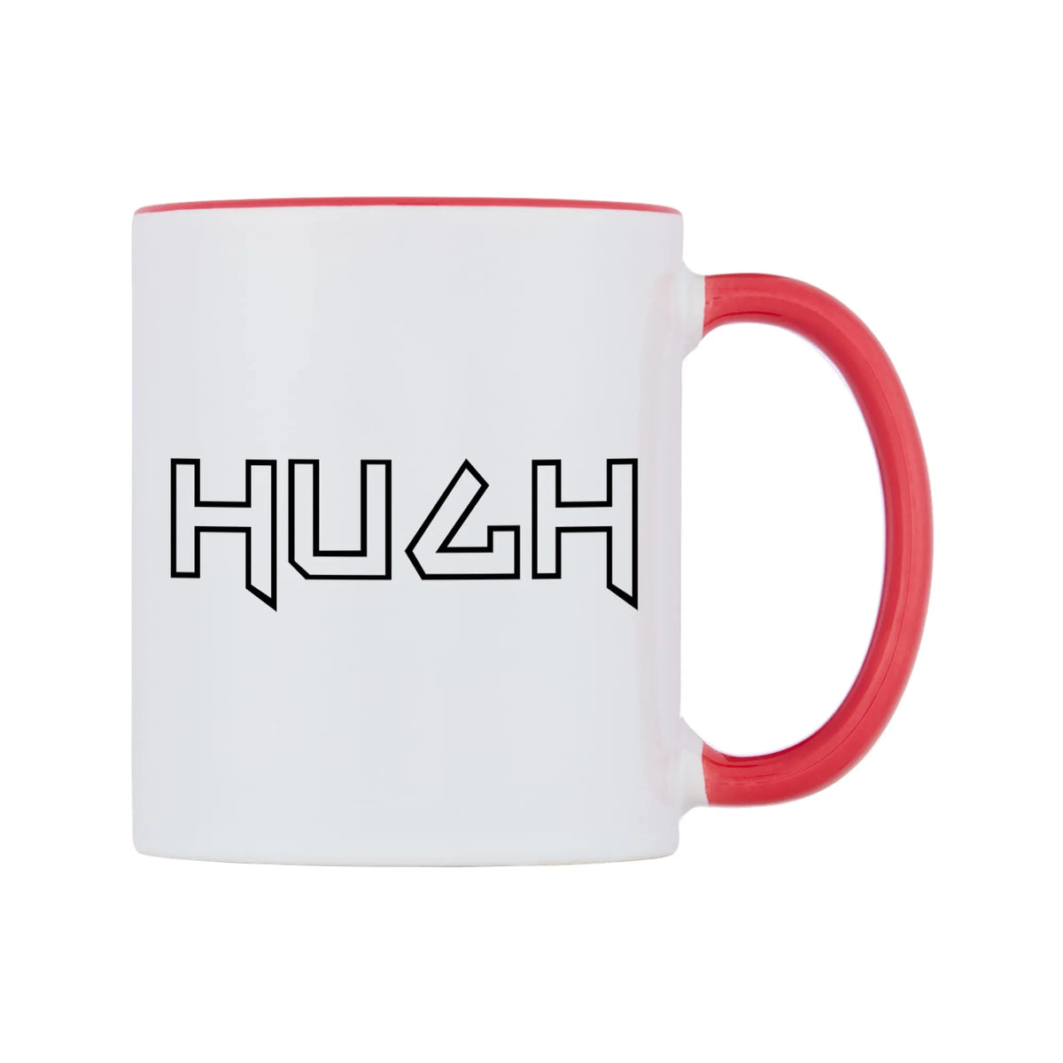 Hugh - Iron Maiden Themed Mug — white 11oz gloss mug with a red inside and handle, left side, on a white background