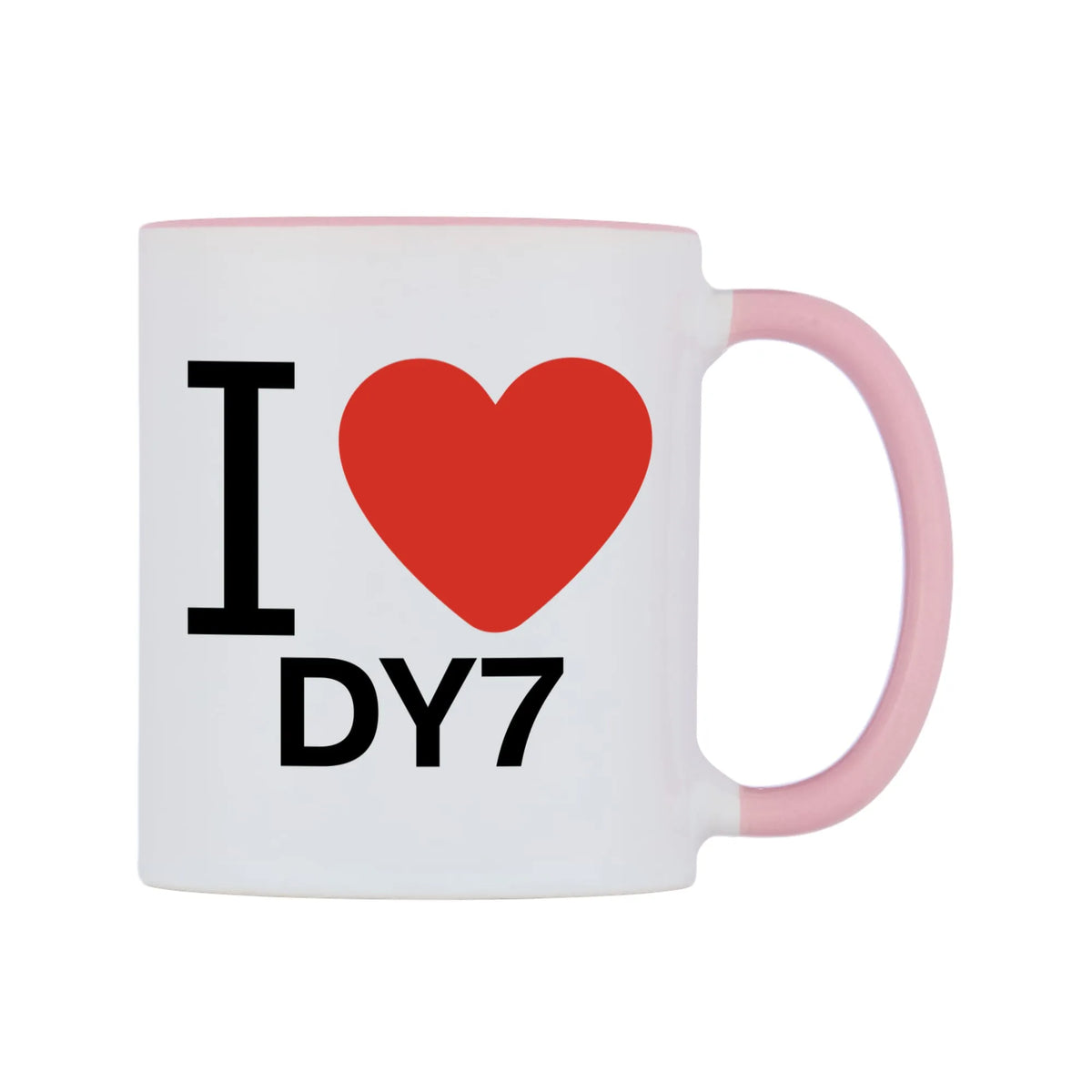I Love DY7 Mug — white 11oz gloss mug with a pink inside and handle, left side, on a white background