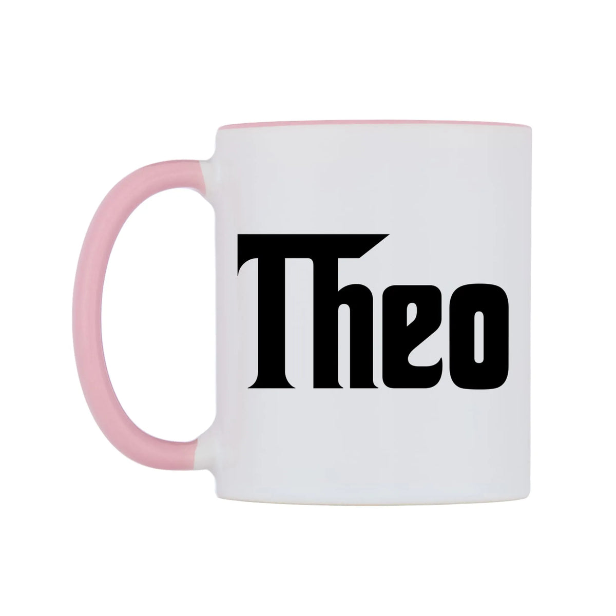 Theo - Godfather Themed Mug — white 11oz gloss mug with a pink inside and handle, right side, on a white background