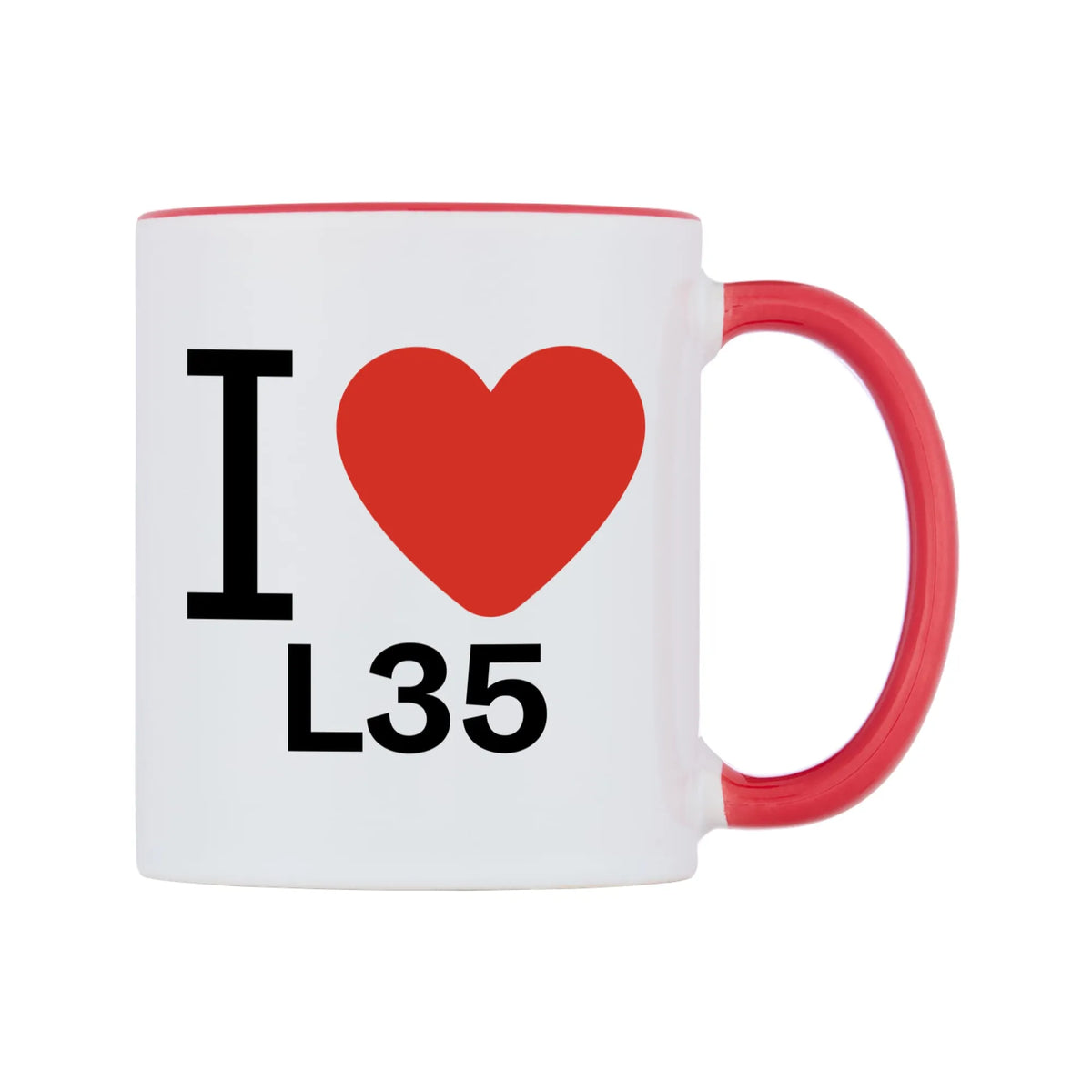 I Love L35 Mug — white 11oz gloss mug with a red inside and handle, left side, on a white background