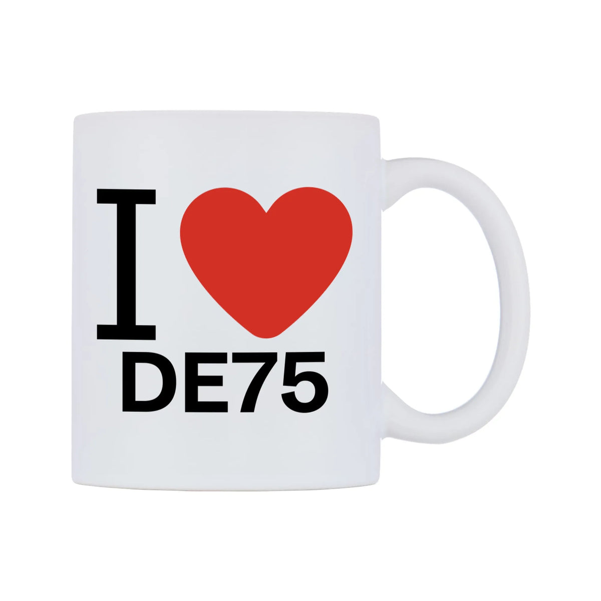 I Love DE75 Mug — white 11oz gloss mug, left side, on a white background