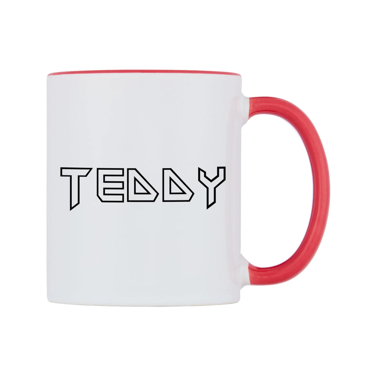 Teddy - Iron Maiden Themed Mug — white 11oz gloss mug with a red inside and handle, left side, on a white background