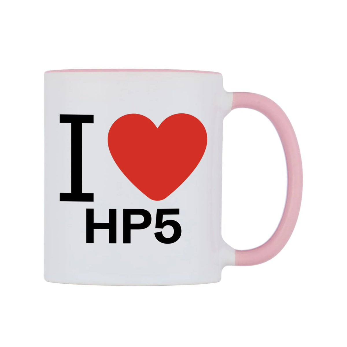 I Love HP5 Mug — white 11oz gloss mug with a pink inside and handle, left side, on a white background