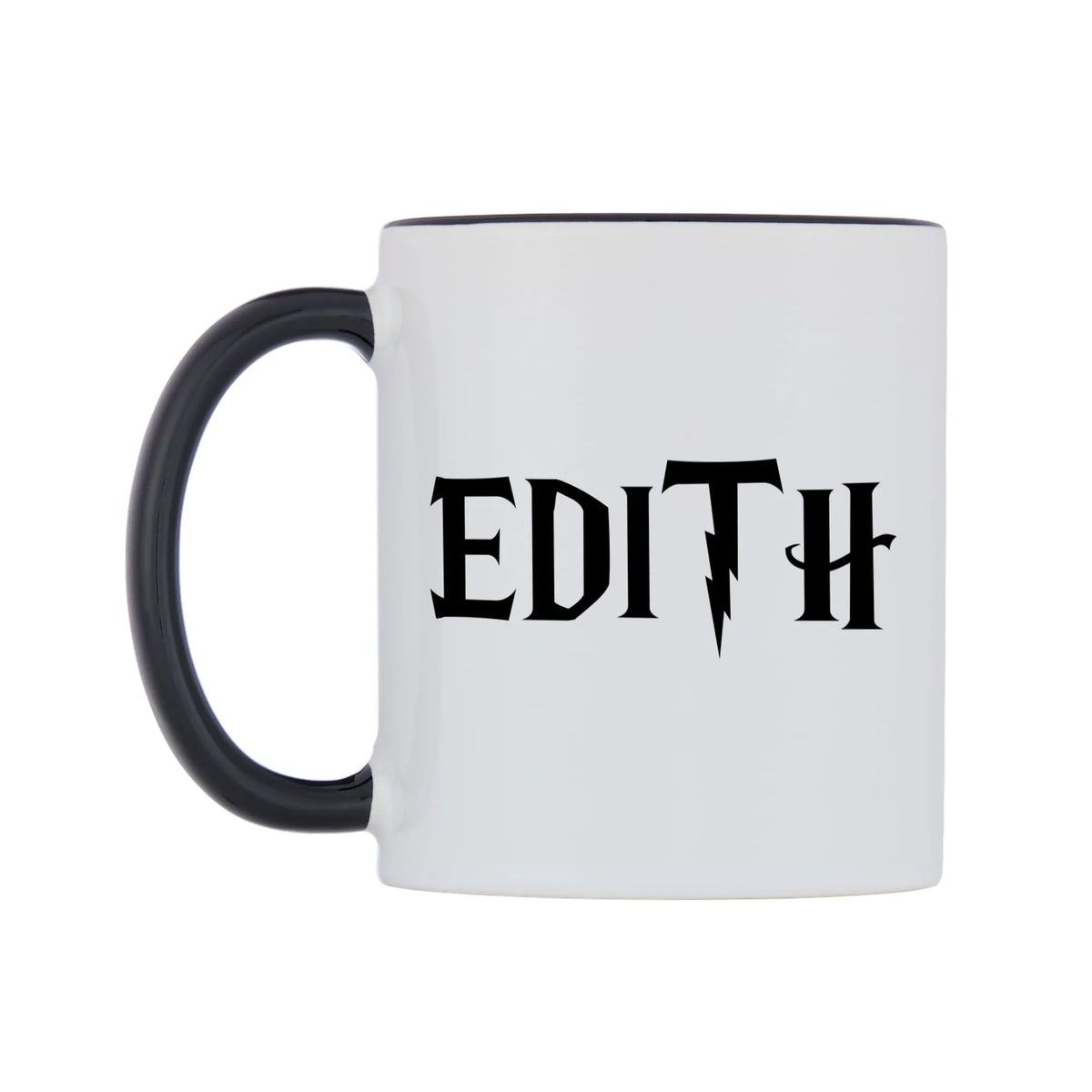 Edith - Wizard Themed Mug — white 11oz gloss mug with a black inside and handle, right side, on a white background