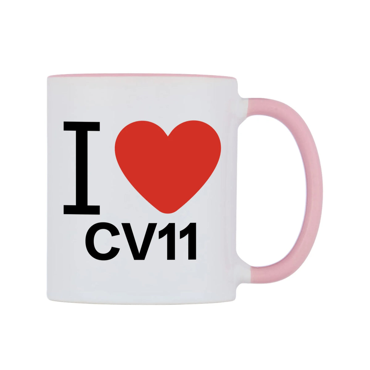 I Love CV11 Mug — white 11oz gloss mug with a pink inside and handle, left side, on a white background