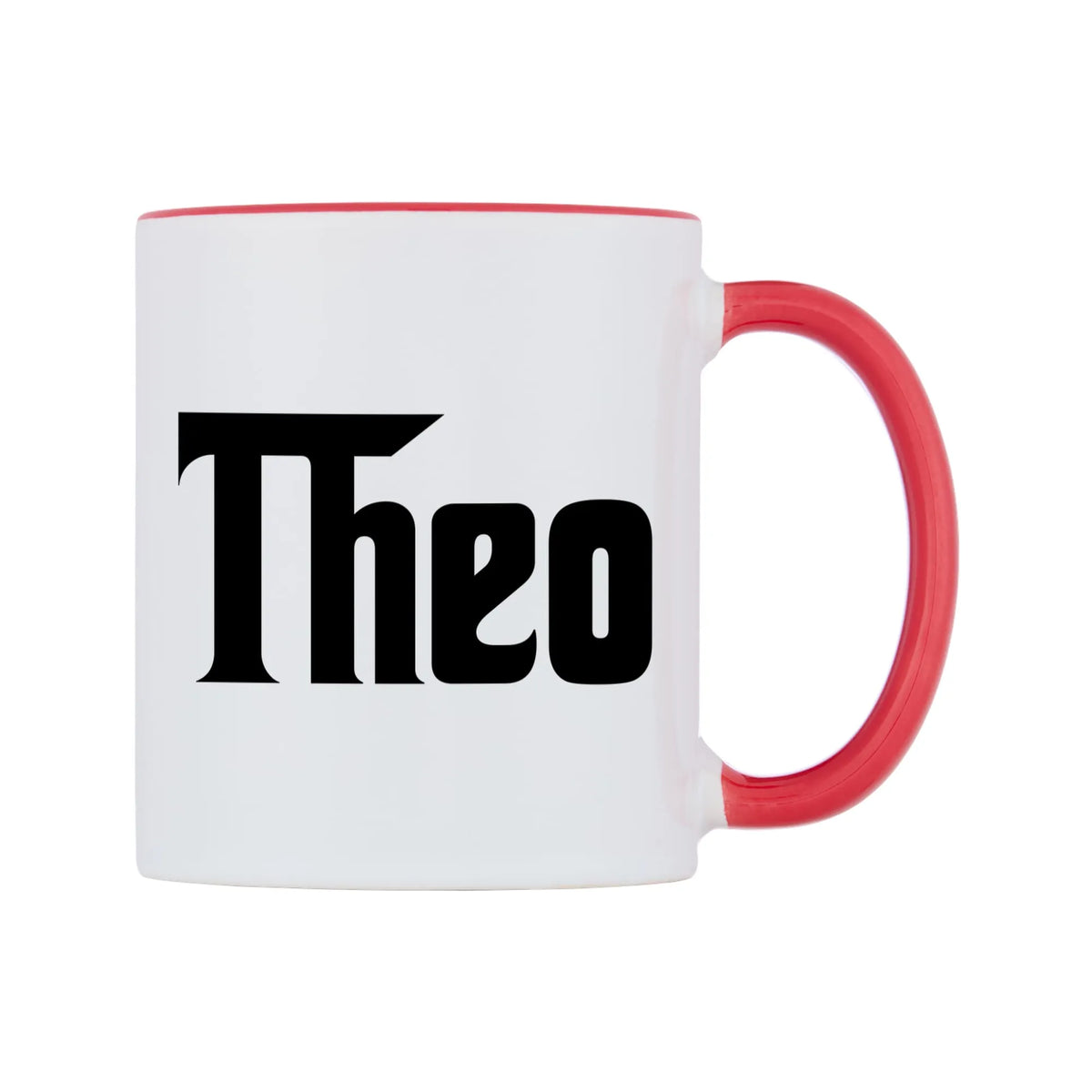 Theo - Godfather Themed Mug — white 11oz gloss mug with a red inside and handle, left side, on a white background