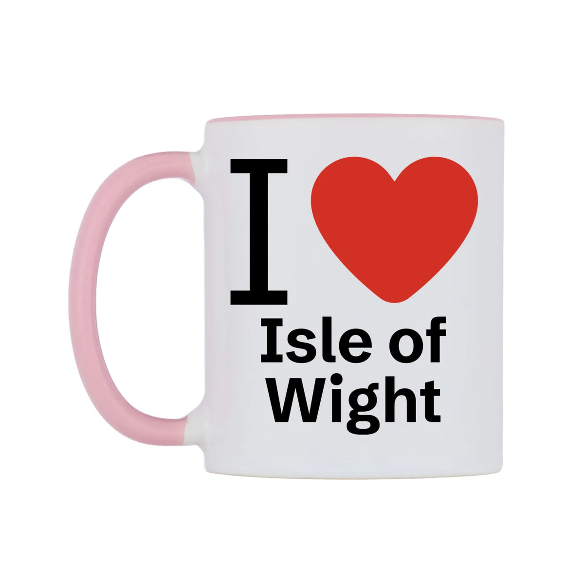 I Love Isle of Wight Mug — white 11oz gloss mug with a pink inside and handle, right side, on a white background