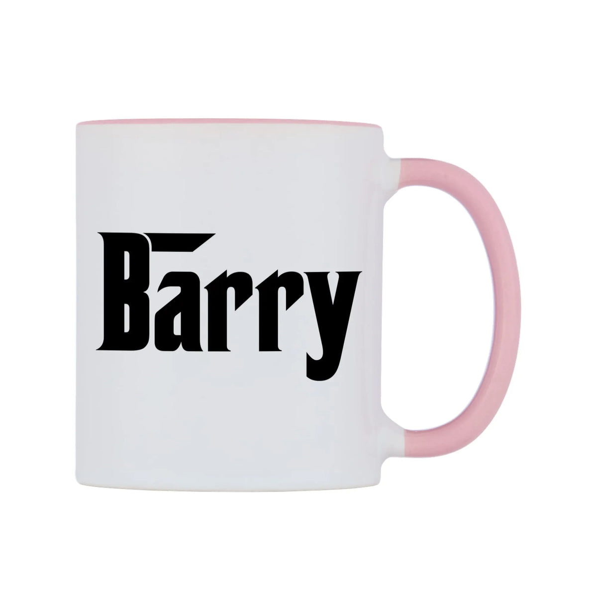 Barry - Godfather Themed Mug — white 11oz gloss mug with a pink inside and handle, left side, on a white background