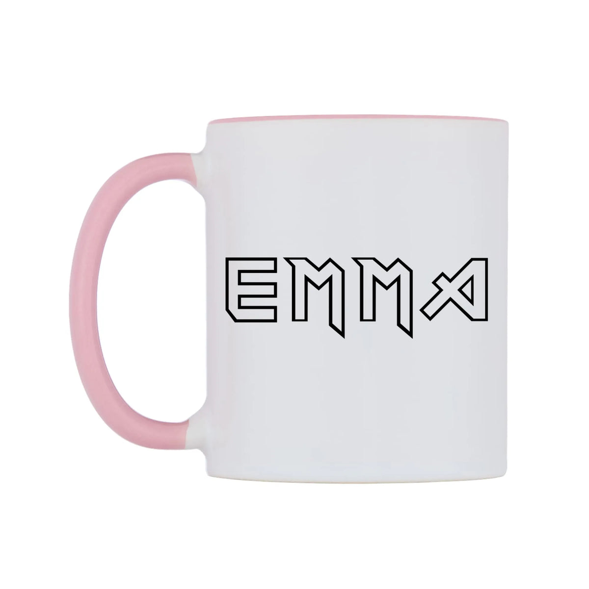 Emma - Iron Maiden Themed Mug — white 11oz gloss mug with a pink inside and handle, right side, on a white background