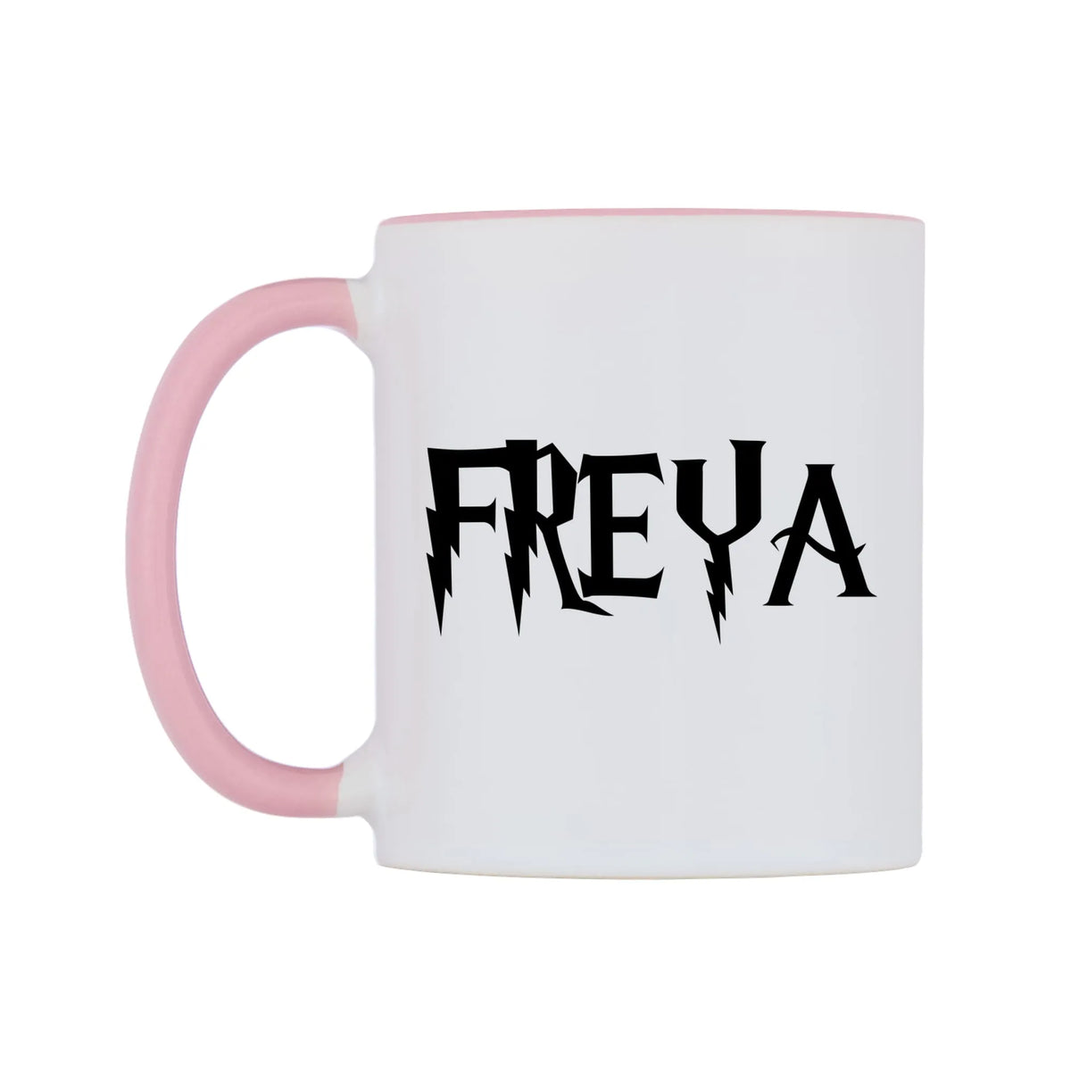 Freya - Wizard Themed Mug — white 11oz gloss mug with a pink inside and handle, right side, on a white background